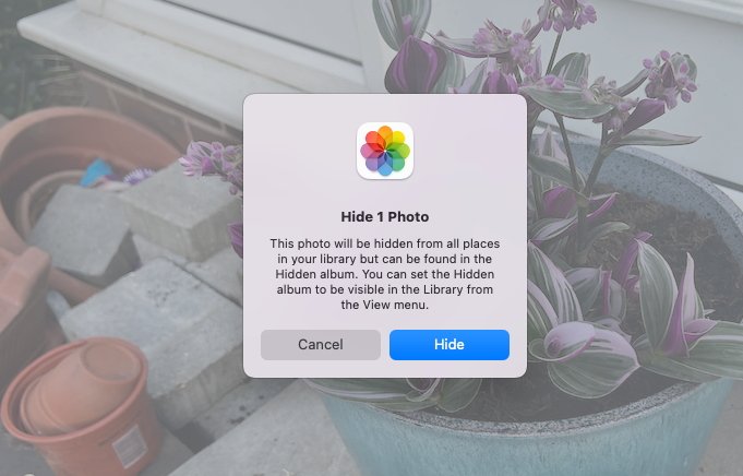 Photos warns you that you're going to hide images, but also explains hwo to get them back