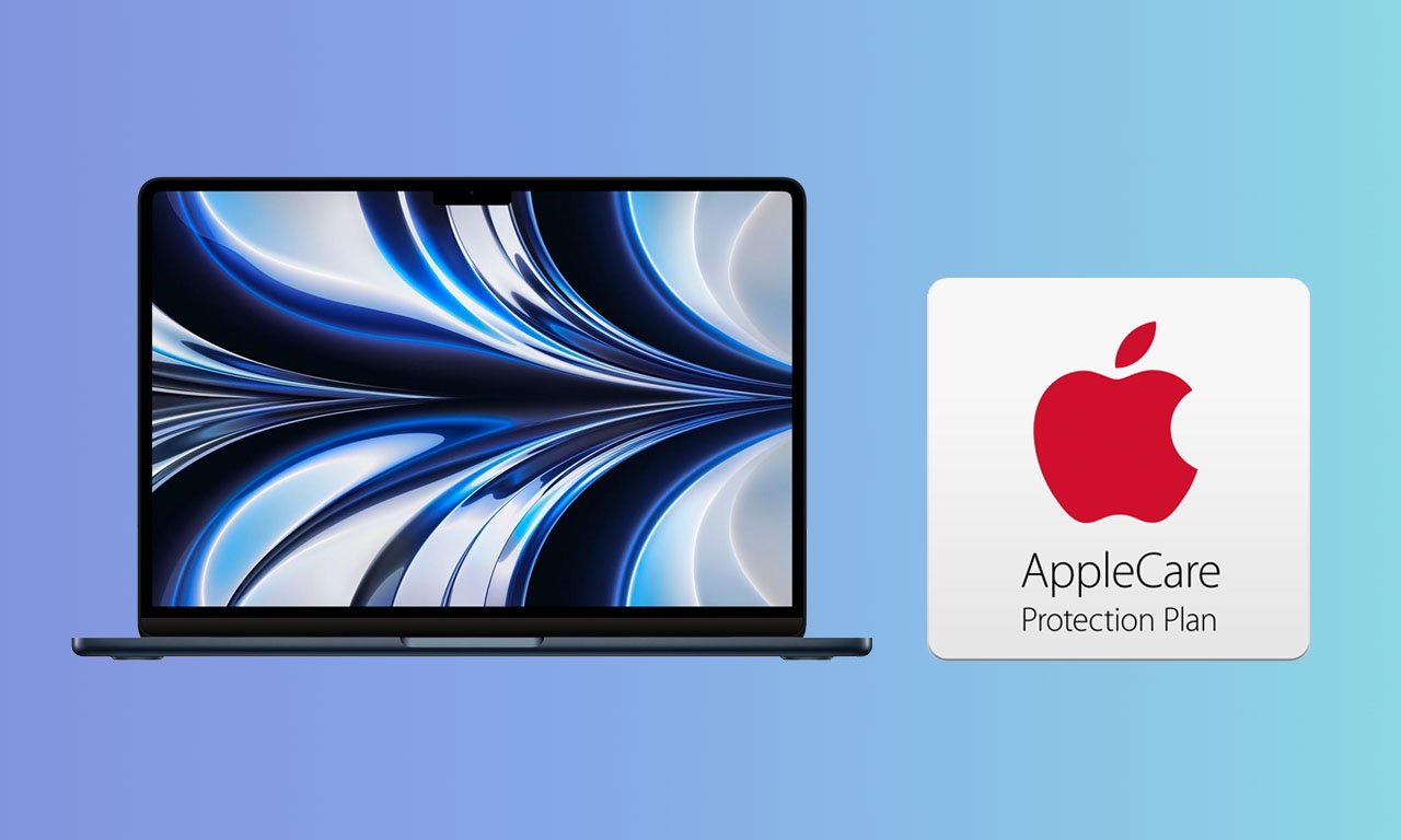 M1 MacBook Air in Midnight with AppleCare logo side-by-side