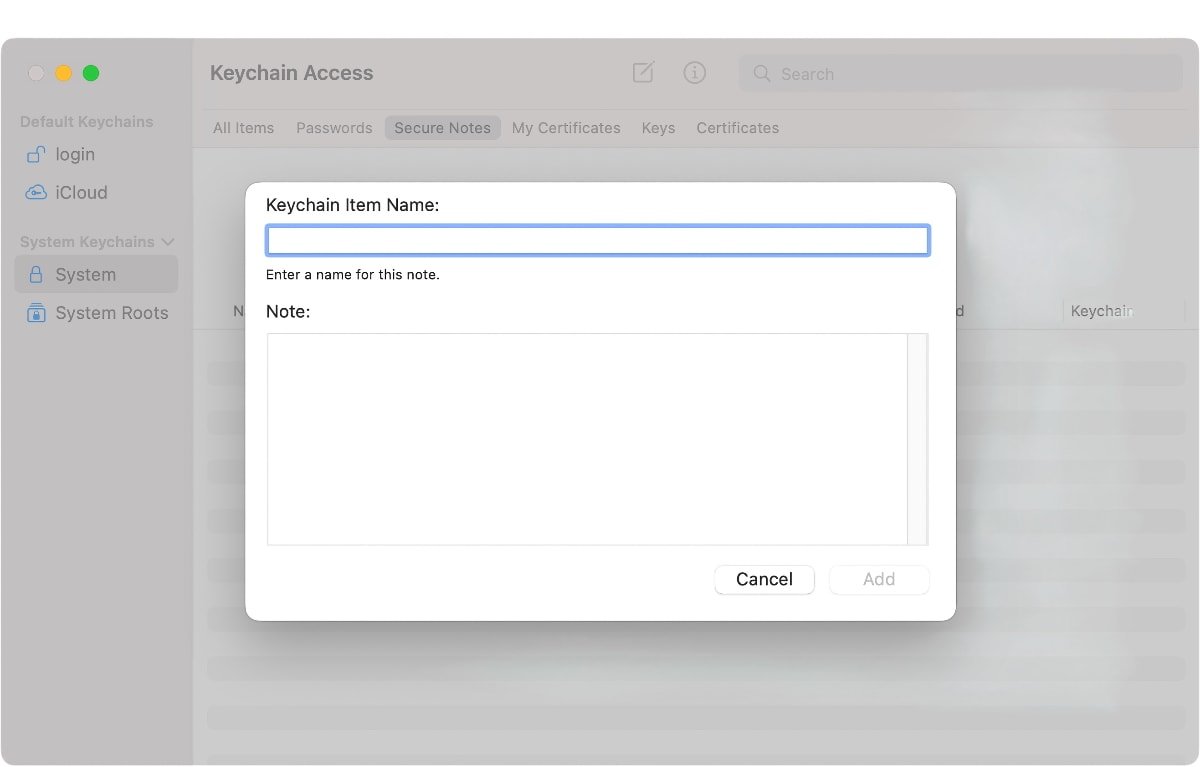 Write a secure note in Keychain Access