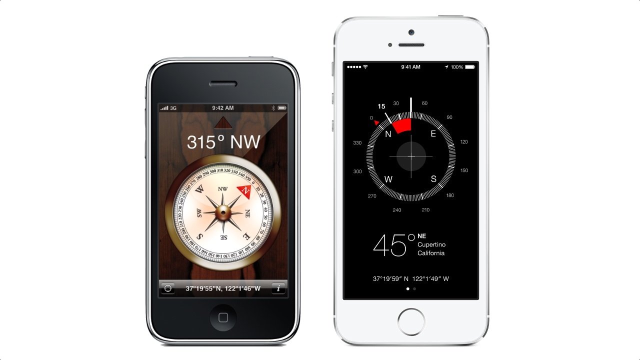 Die Kompass-App war eine der vielen drastischen Änderungen in der Benutzeroberfläche von iOS 6 (links) zu iOS 7 (rechts).