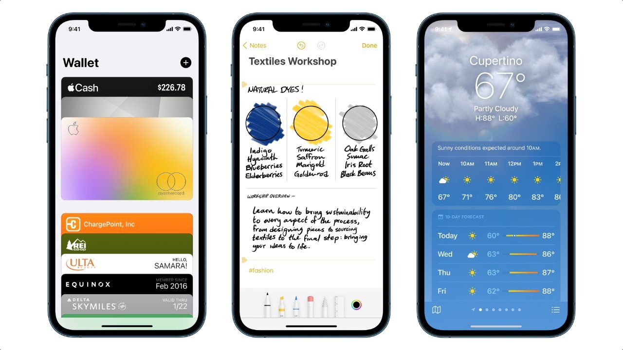 Apple hat in den letzten Jahren ein Gleichgewicht im Skeuomorphismus gefunden.  Brieftasche, Notizen und Wetter-Apps sind einige Beispiele in iOS 15.