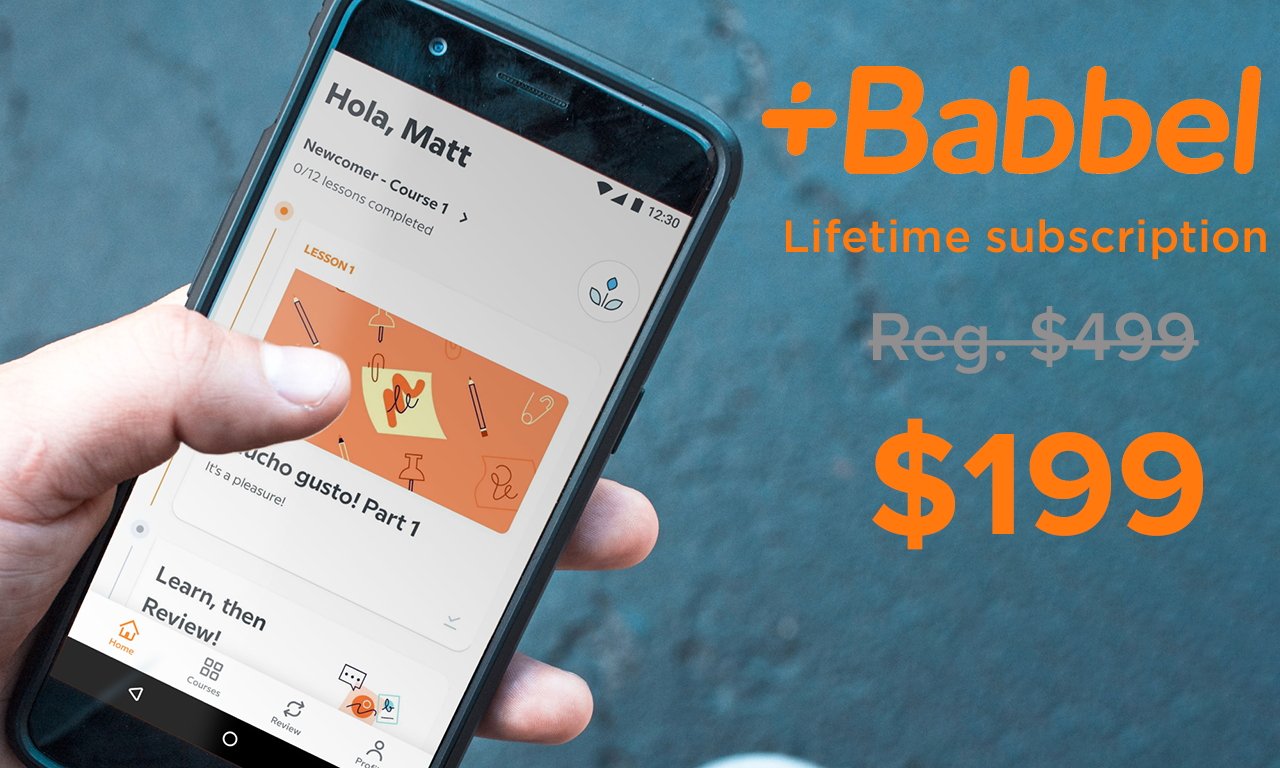 Babbel app on iPhone with $199 sale text in orange