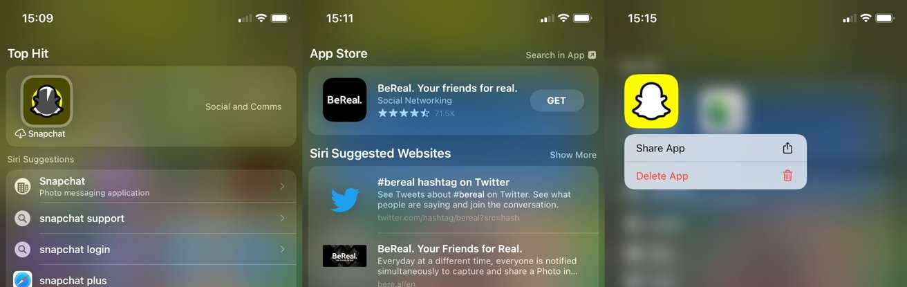 A pre-installed app (left) can be reinstalled from Spotlight.  You can also install new apps without using the App Store (center), and delete them (right).