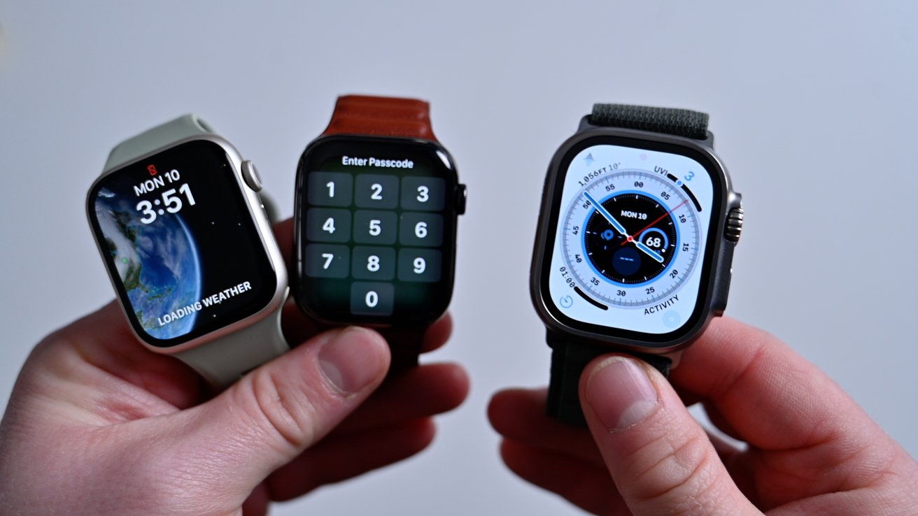Apple Watch Series 8 (left), Series 7 (middle), and Ultra (right)