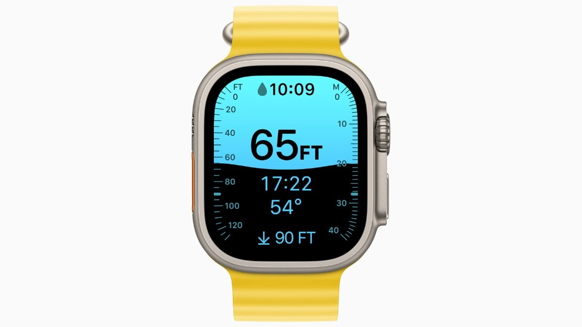 Apple Watch Ultra Depth app, which displays time, current depth, water temperature, duration under water, and max depth reached.