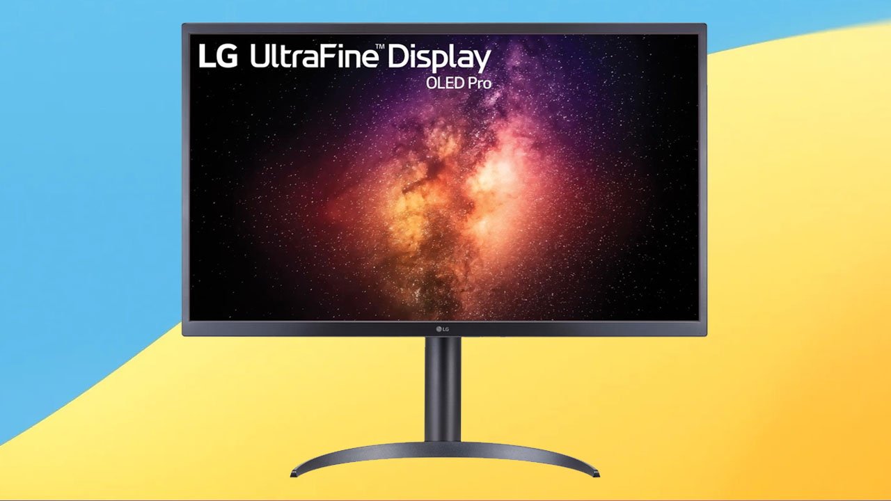 LG UltraFine 32-inch OLED Monitor on blue and yellow background