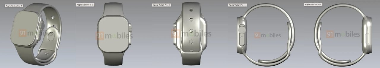 Renders showing each side of the Apple Watch Pro (Source: 91mobiles)
