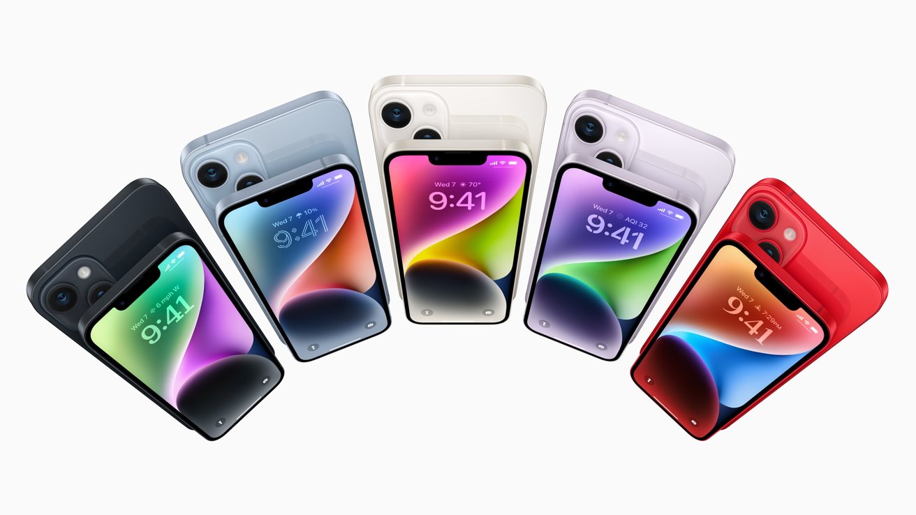 Udvalget af iPhone 14 (og iPhone 14 Plus) farver, der er tilgængelige ved lanceringen
