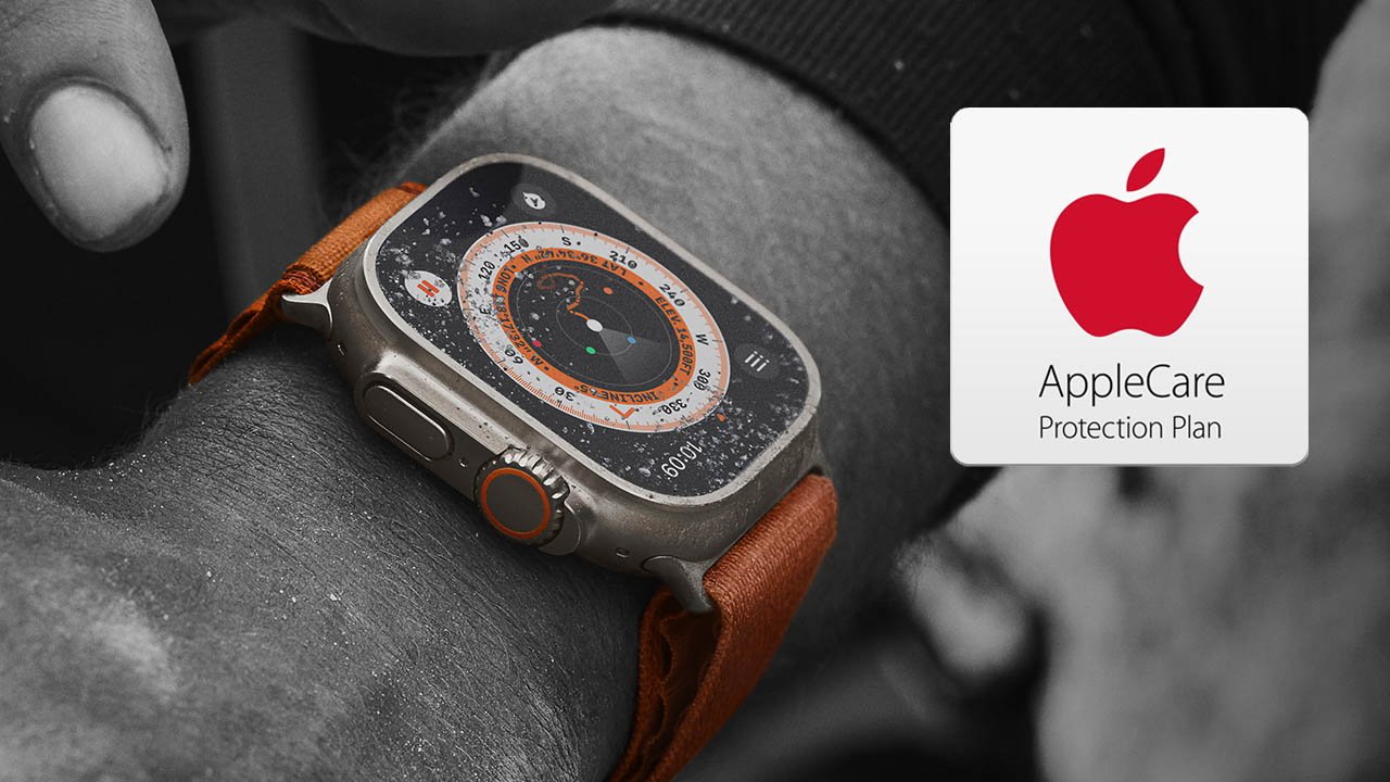 Apple Watch Ultra with a Titanium Case and AppleCare logo