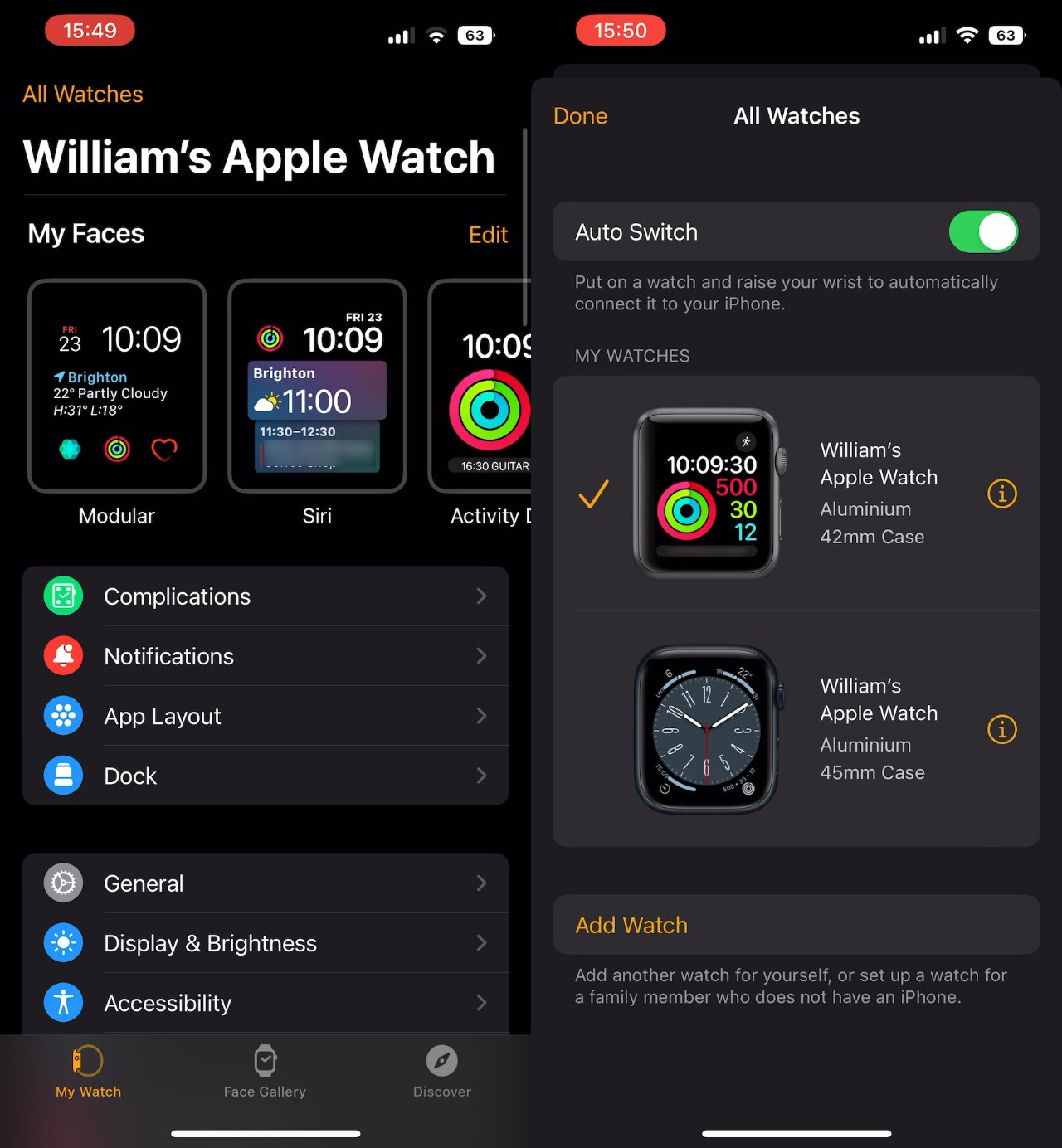 Tap All Watches at top left to see your multiple watches, or to add another one