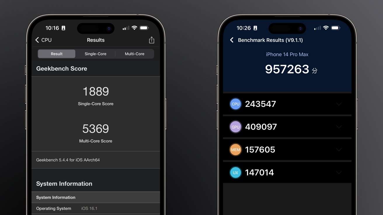 Geekbench results (left) and Antutu results (right)