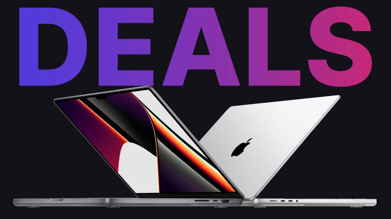 Apple MacBook Pro side view with purple gradient deals text