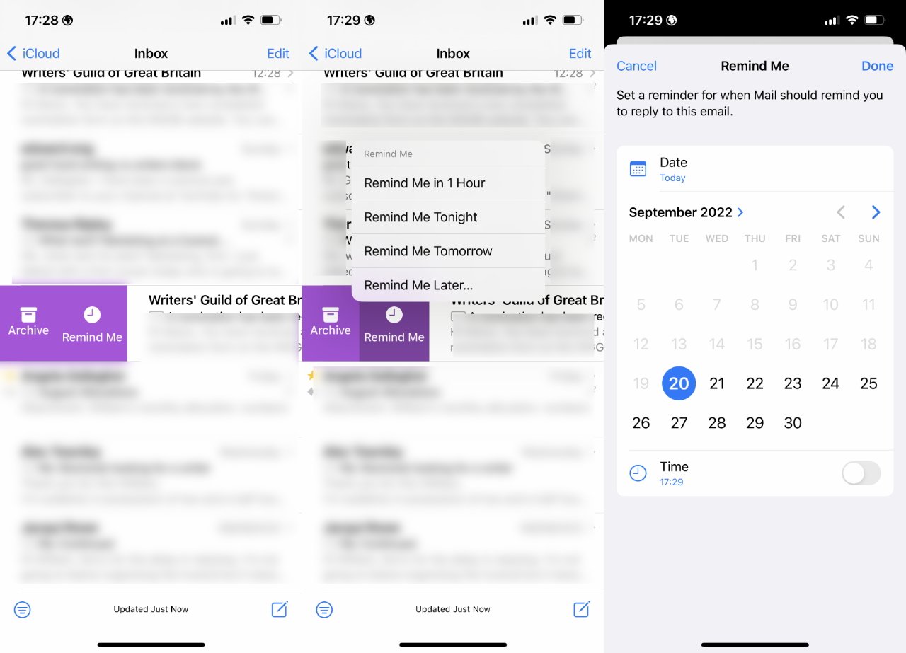 Choosing Remind Me from iOS 16's Apple Mail inbox