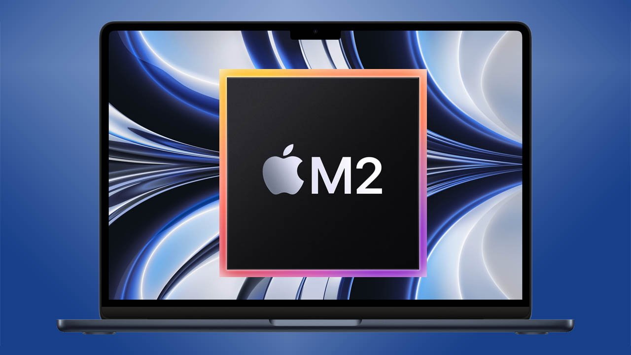 Apple MacBook Air in Midnight with M2 logo on wallpaper on blue background