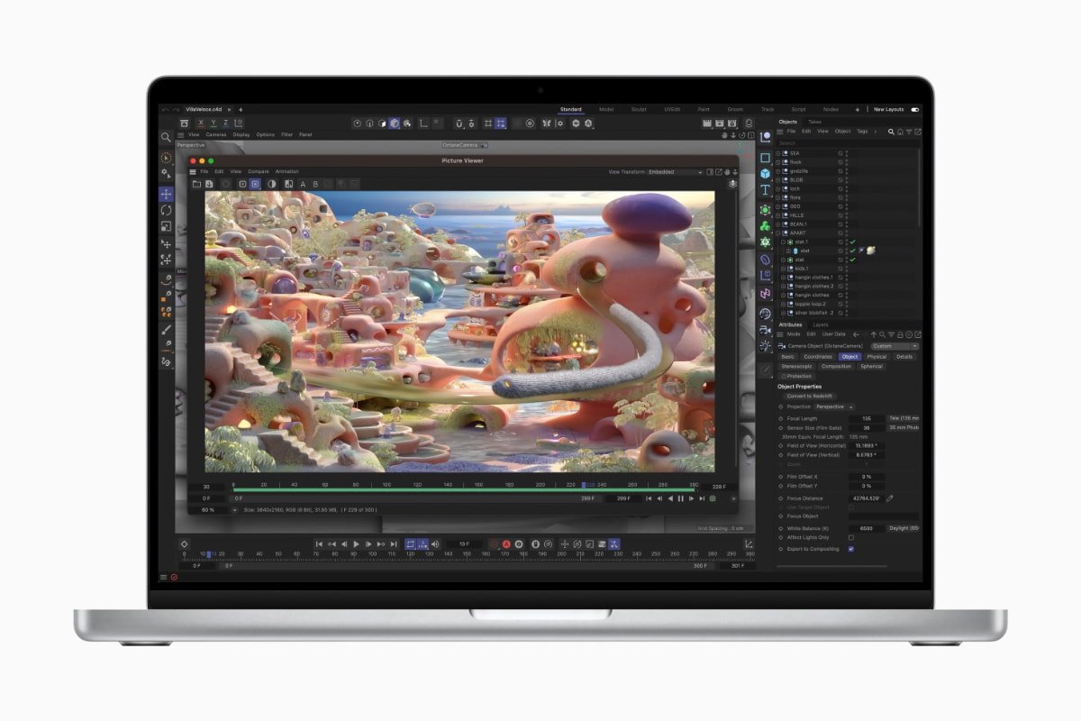With M2 Max, effects rendering in Cinema 4D is up to 6x faster than the fastest Intel-based MacBook Pro and up to 30 percent faster than the previous generation
