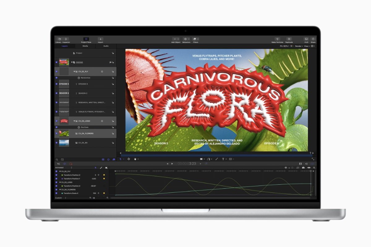 With M2 Pro, animations in Motion render 80 percent faster than the Intel-based MacBook Pro, and 20 percent faster than the previous generation