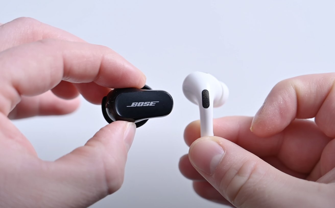 The AirPods Pro 2 dangle down, while Bose designed its QuietComfort Earbuds 2 to stick out forward. 