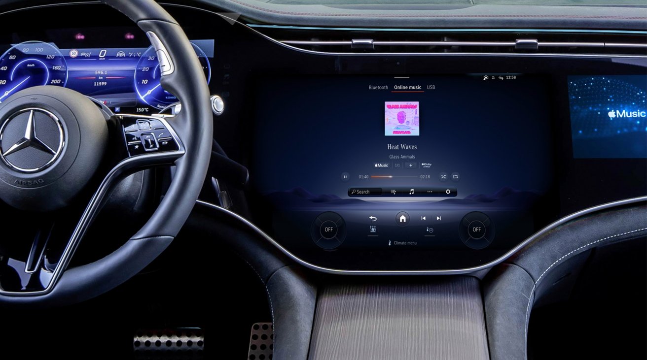 A Mercedes infotainment system playing Apple Music. [Apple]