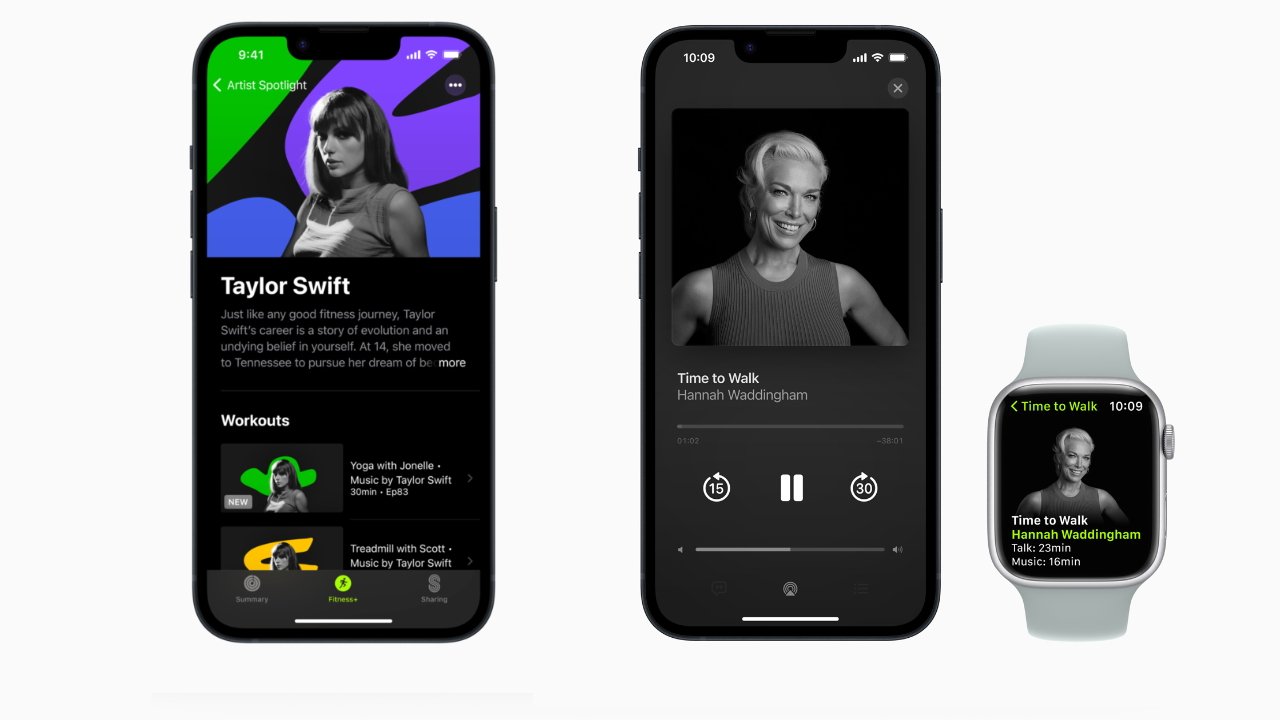 Hannah Waddingham (right) joins Time to Walk, while Apple Fitness+ adds Taylor Swift music for the first time