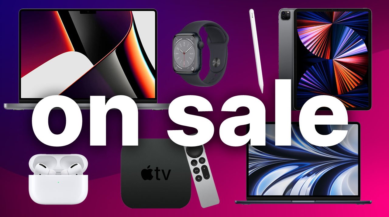 MacBook Pro, Apple Watch, AirPods, MacBook Air and Apple TV 4K with on sale bold text