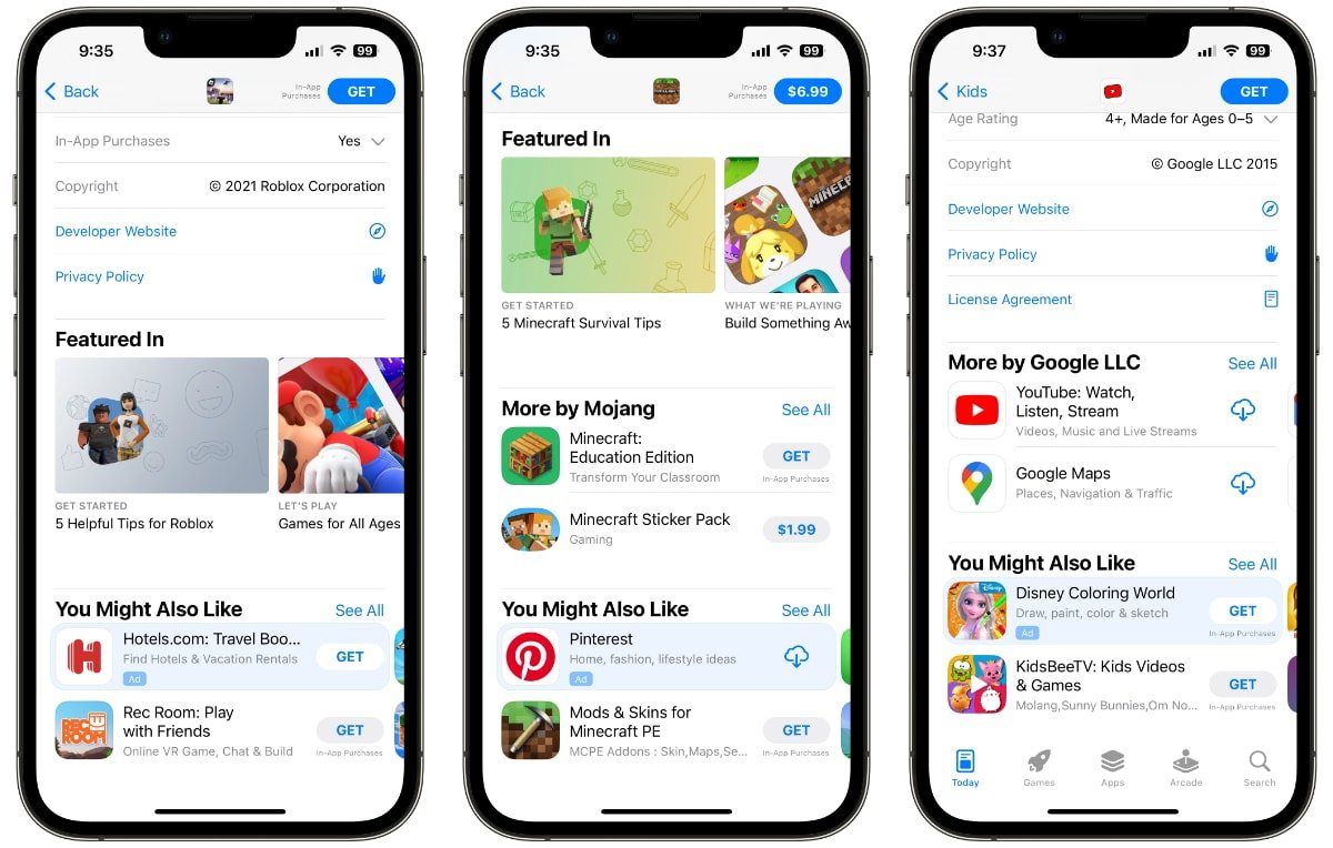 Although they aren't for gambling, ads appear in product pages for children's apps such as Roblox, Minecraft, and YouTube Kids