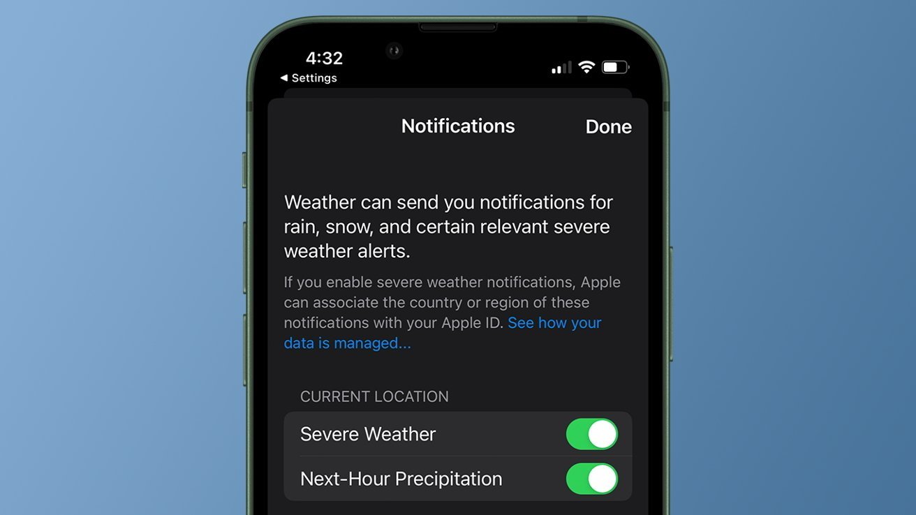 Enabling Next Hour Precipitation alerts for the Weather app, previously a Dark Sky feature