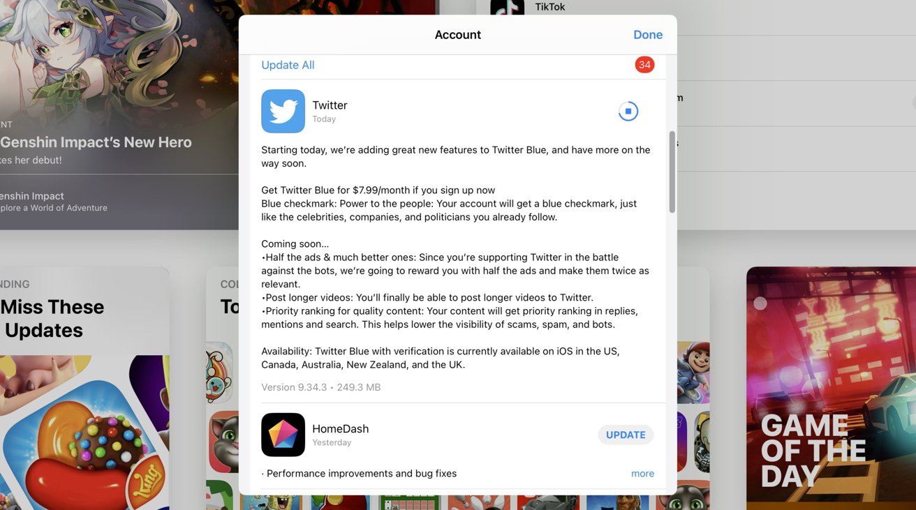 Twitter for iOS patch notes showing the $7.99 Twitter Blue with verification changes. 