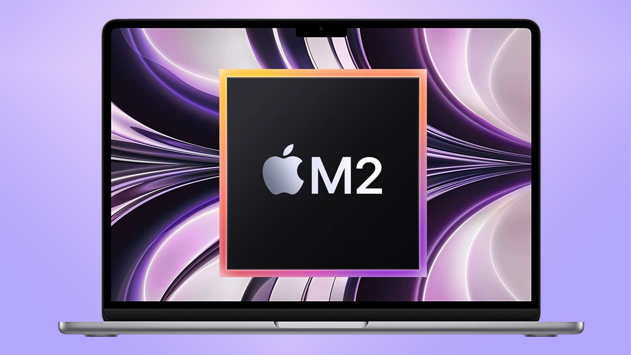 MacBook Air with M2 chip on purple background