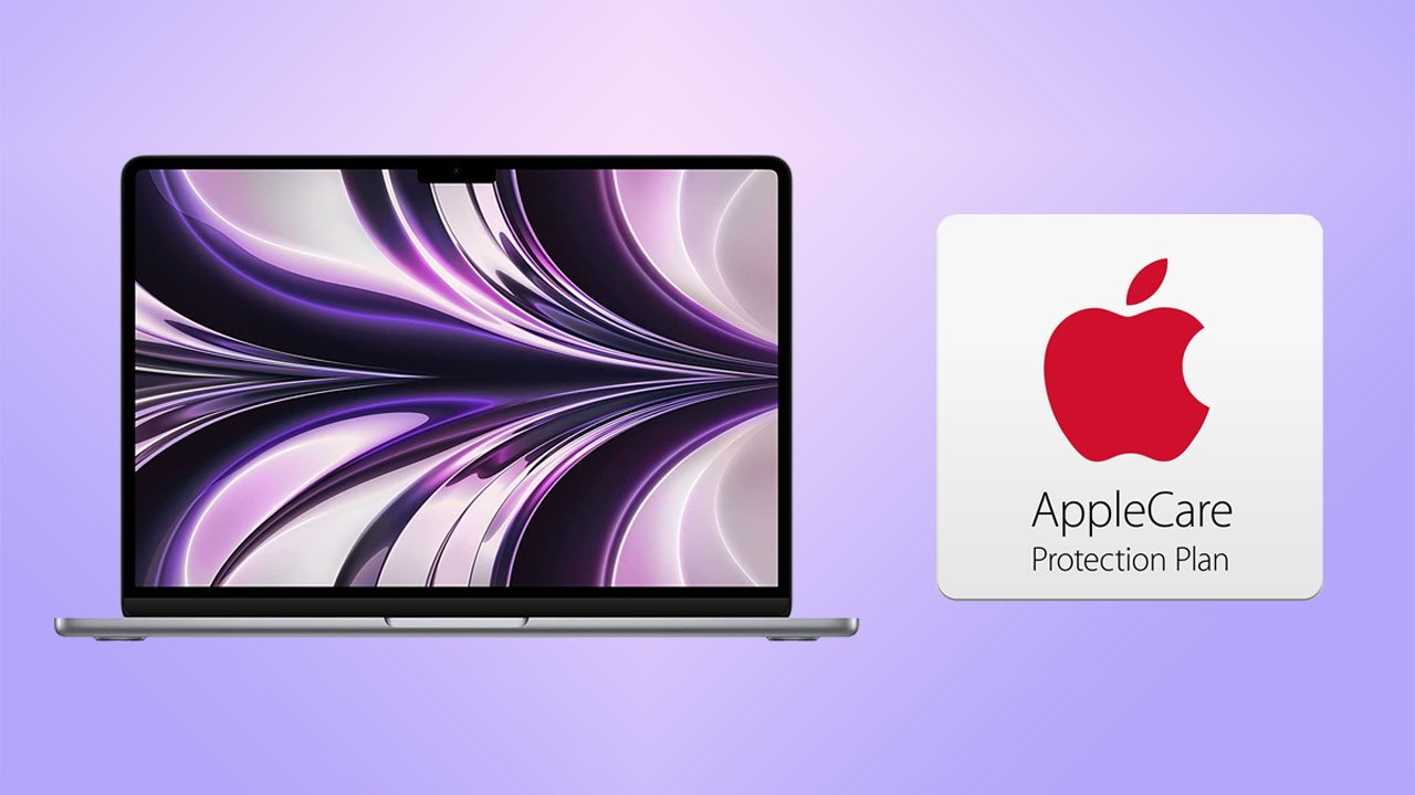 MacBook Air M2 in Space Gray with AppleCare logo side by side on purple background