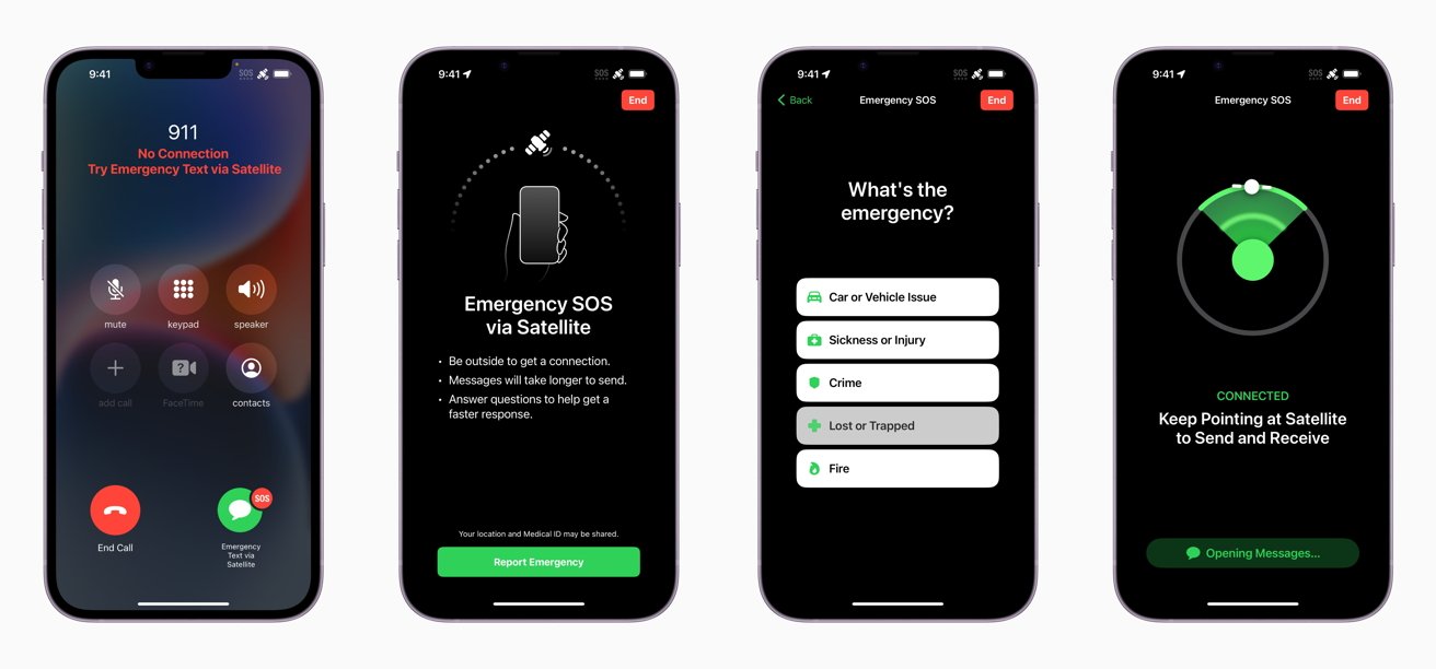 The different stages of using Emergency SOS via Satellite.