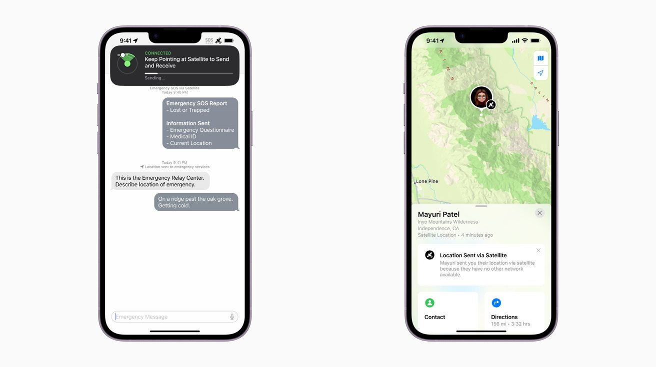 Emergency responders may ask follow-up questions [Left]. You can also use satellites with Find My to disclose your location to contacts [Right].