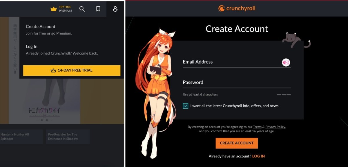 It's easy to sign up for a Crunchyroll account