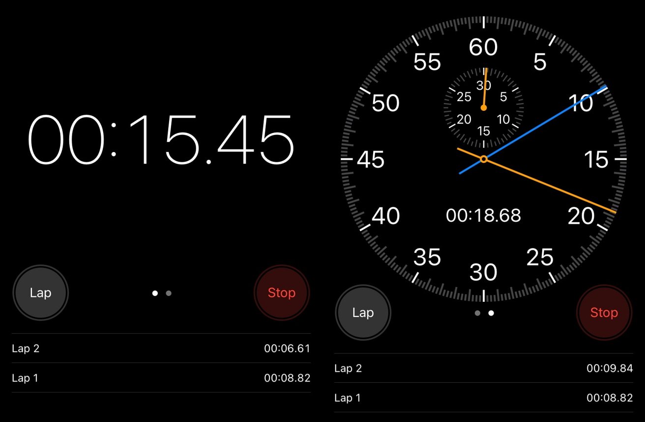 The iOS Clock app's Stopwatch function in digital (left) and analog (right) forms. 