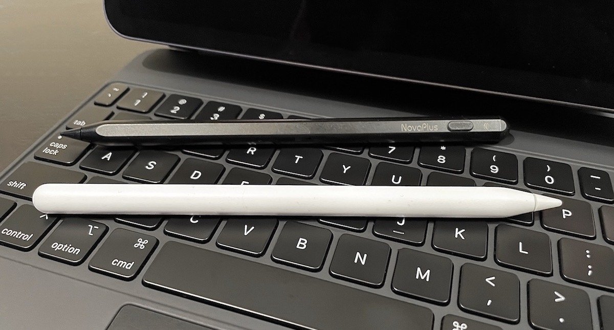 NovaPlus and Apple Pencil -- note that the angle makes the A8 Duo look shorter than the Apple Pencil when it isn't.