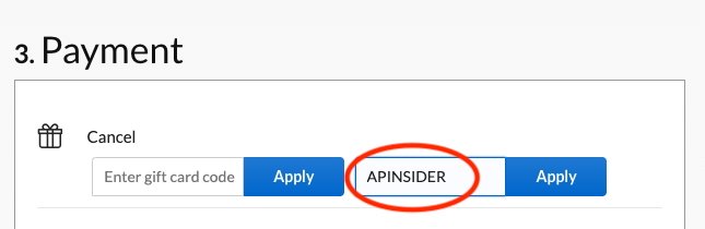 Kliknutím na tento odkaz vyvolejte pole slevového kódu a zadejte APIINSIDER.  Pole vypadá takto: