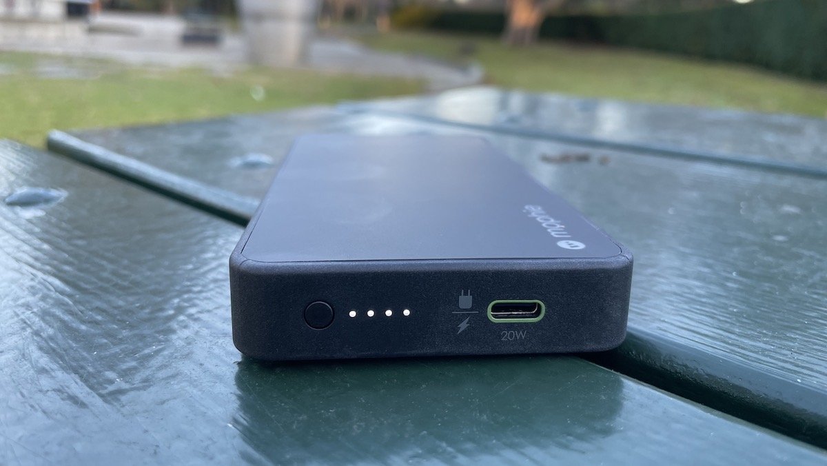 Recharge the battery with this top USB-C port or charge a third device with it.
