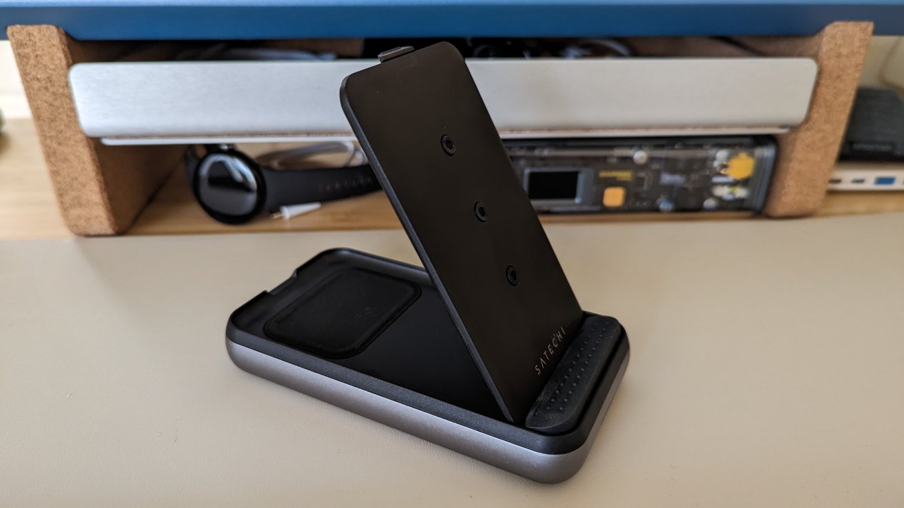 The charger includes a spot for AirPods underneath the stand