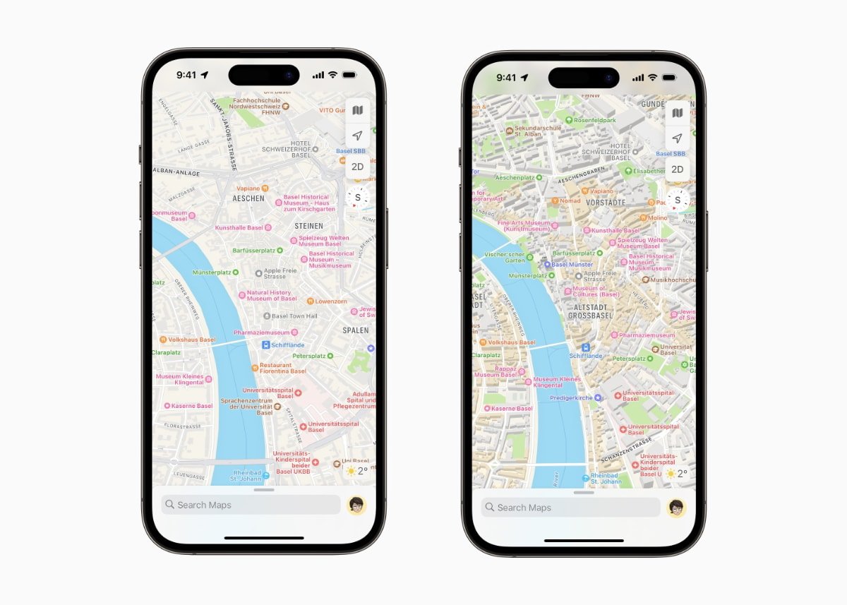 A before and after view of the detail within Apple Maps