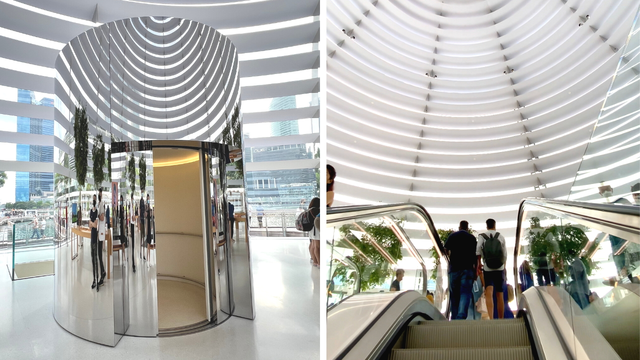 Entering Apple Marina Bay Sands from either the elevator or escalator from Level B2