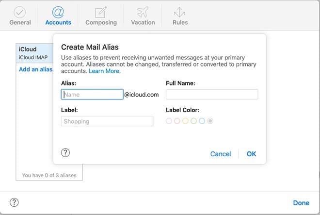 Create an email alias on iCloud.com.