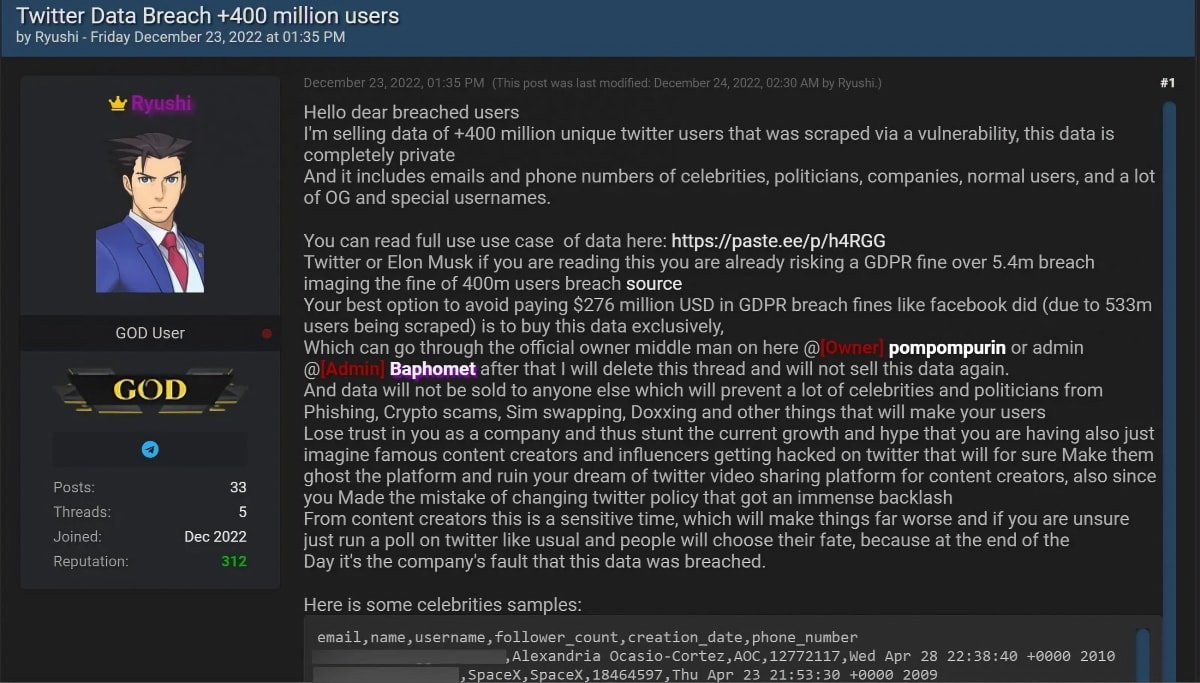 The hacker's post in the Breached forum. Source: BleepingComputer