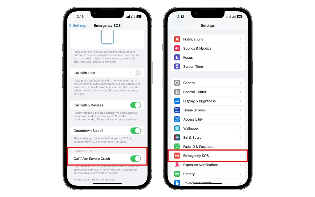 Crash Detection on iPhone 14 in iOS settings