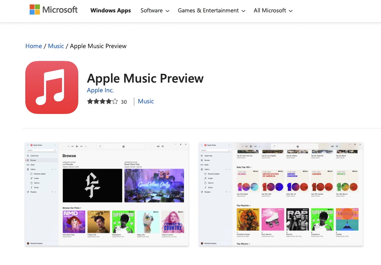 Listing for the preview version of Apple Music for Windows 11