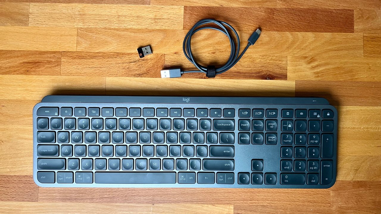 Logitech MX Keys comes with a charging cable and dongle