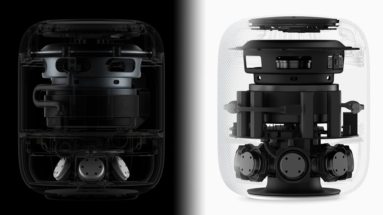 HomePod's new internal layout (left) versus old (right)