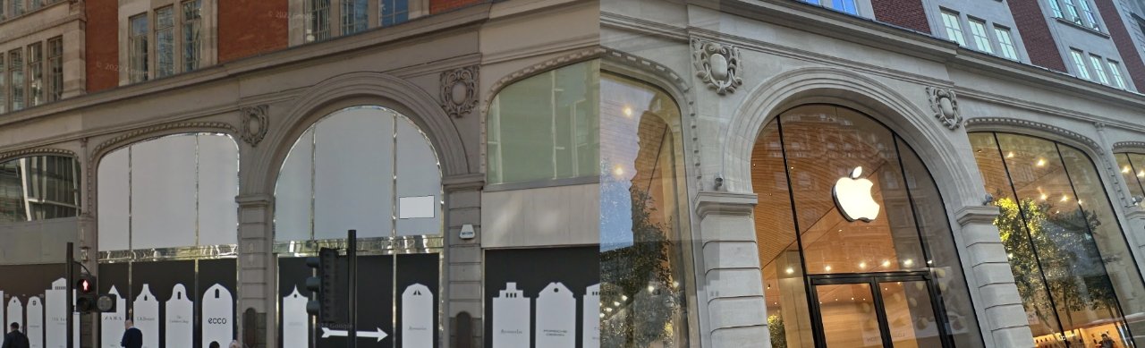 Left: how the building looked in 2018 (source: Google). Right: Apple has cleaned up the stonework.