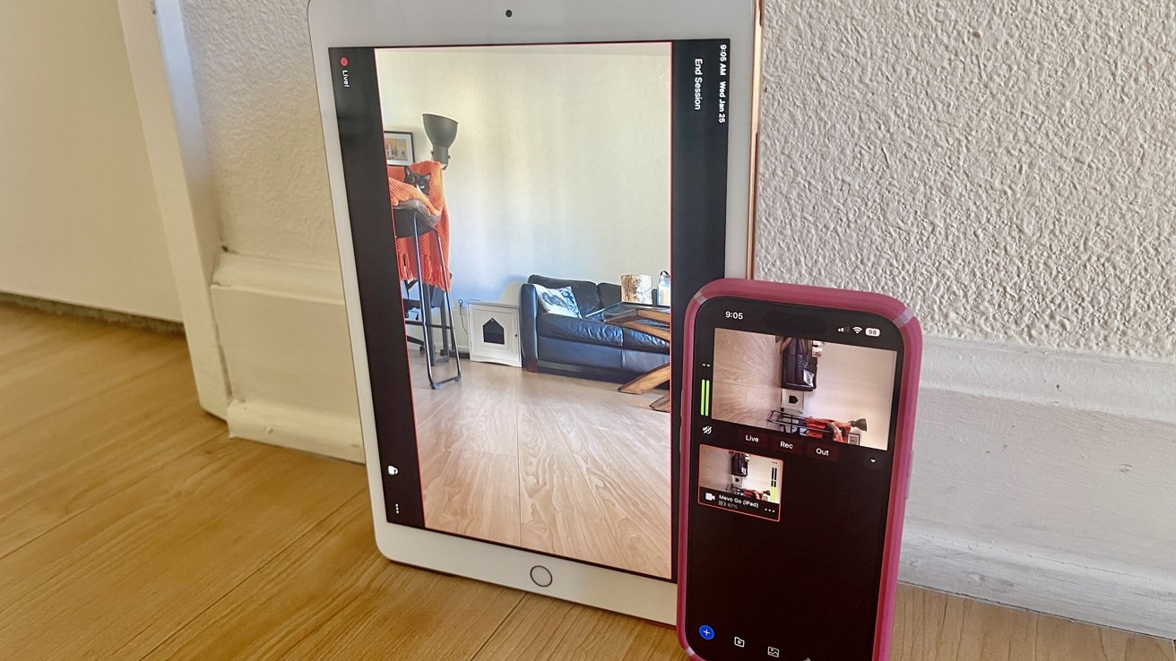 Mevo Go app recording on the iPad, and Mevo Multicam on the iPhone