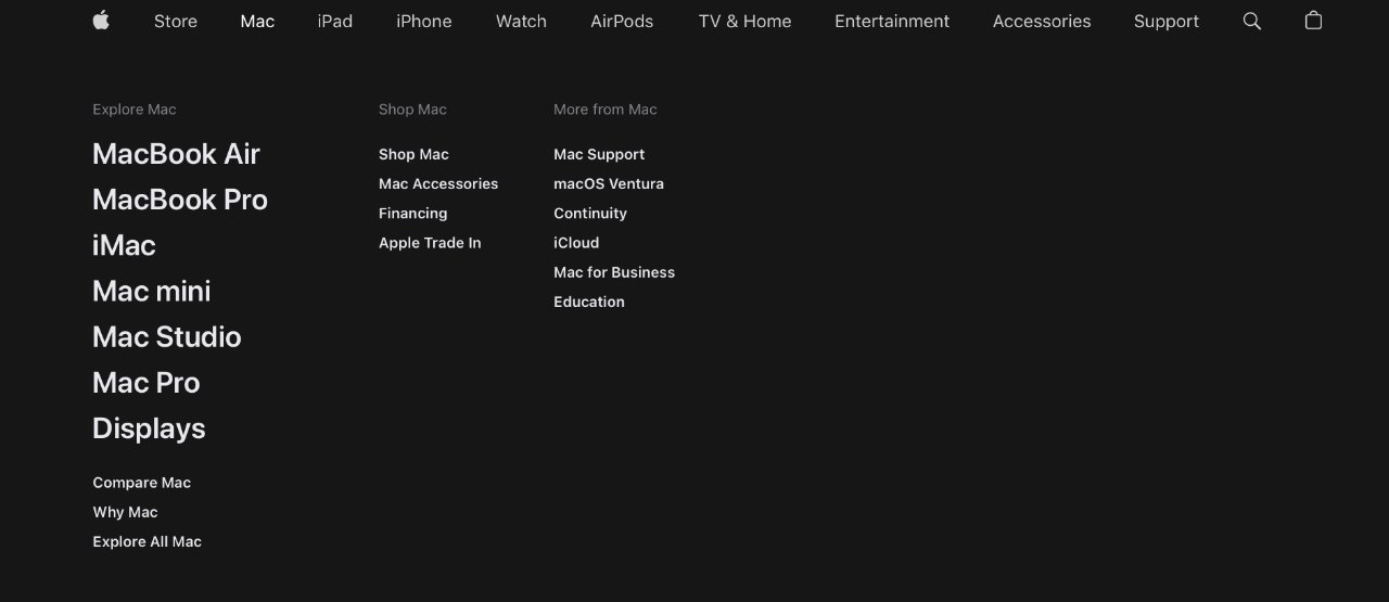Each section of Apple's online store features a new drop-down menu with frequently searched products and items