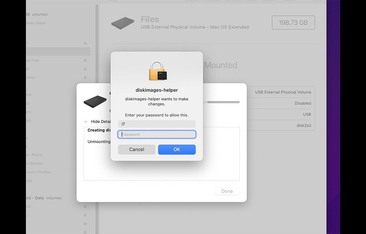 Screenshot of permissions menu for diskimages-helper tool