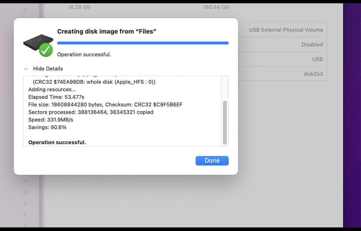 Screenshot of creating disk image from Files operation menu